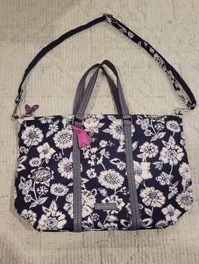 Vera Bradley Midtown Navy Floral Small Tote with Pink Lock Charm
